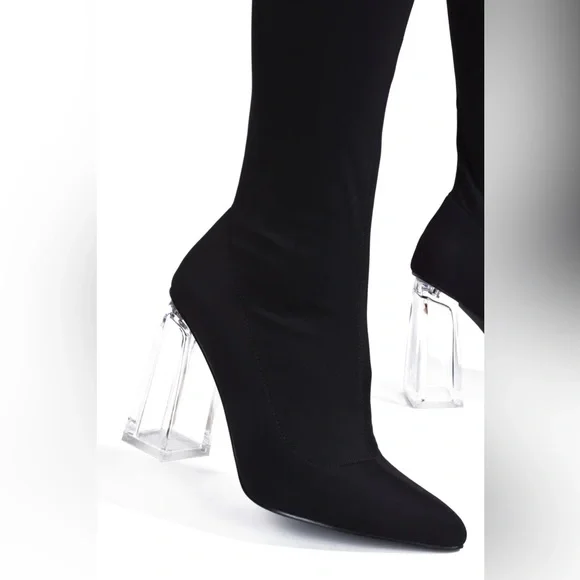 Black High Knee Clear Heeled Boot - Picture 4 of 6